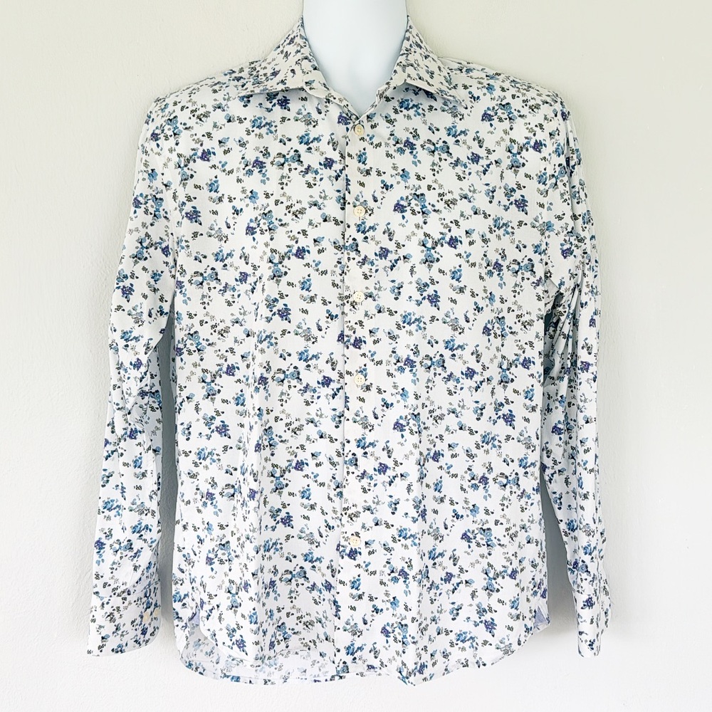 Joseph Abboud men’s blue purple floral print cotton stretch dress shirt small